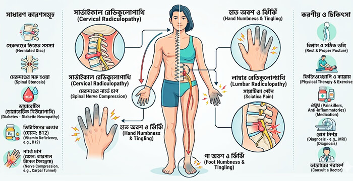 হাতে-পায়ে অবশভাব ও ঝিঁঝিঁ ধরা (Numbness, Tingling, and Radiculopathy)